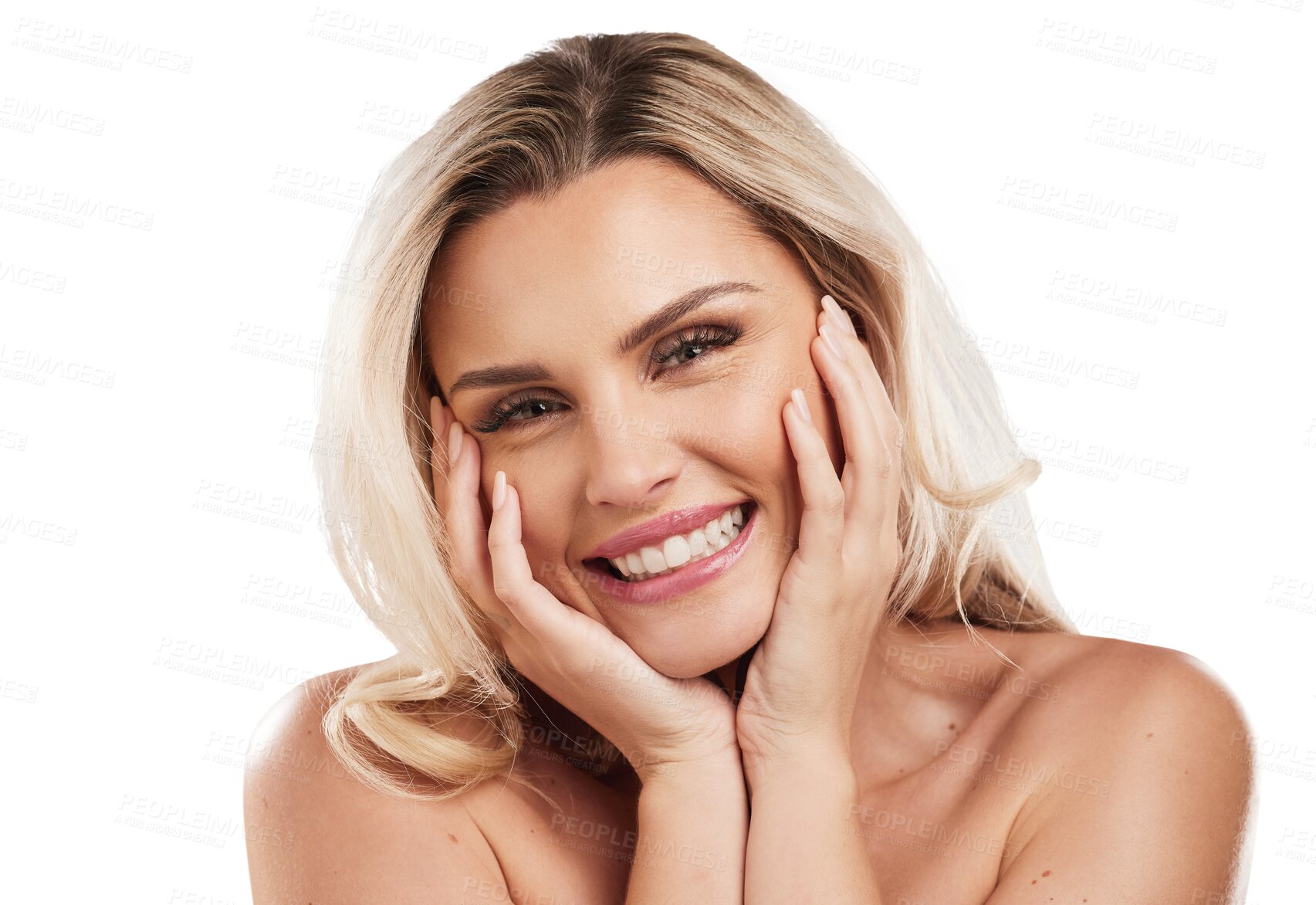 Buy stock photo Woman, face in hands and makeup with beauty, portrait and happiness isolated on transparent png background. Cosmetics, facial and hair shine, happy female model and manicure, glamour and cosmetology