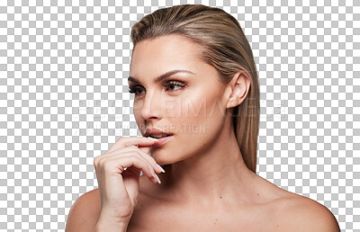 Buy stock photo Face, biting finger and makeup of a woman with beauty isolated on a transparent, png background. Aesthetic model person thinking of skin glow, foundation and facial cosmetics for healthy shine