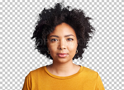 Buy stock photo Afro, portrait of an African woman and isolated against a transparent png background. Confidence or serious face, proud or empowerment and young black female person pose for selfcare with hairstyle