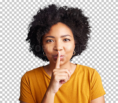 Buy stock photo Secret, portrait or woman with finger on lips for drama news isolated on transparent png background. Face, silence or girl with afro or quiet sign on mouth to shush or gossip in confidential privacy