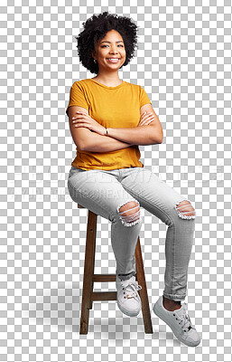 Buy stock photo Chair, fashion and portrait of woman with casual style and smile arms crossed isolated in a transparent or png background. Relax, calm and confident young female person sitting on stool in happiness