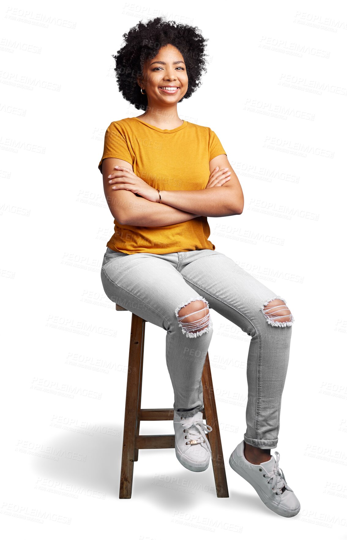 Buy stock photo Chair, fashion and portrait of woman with casual style and smile arms crossed isolated in a transparent or png background. Relax, calm and confident young female person sitting on stool in happiness