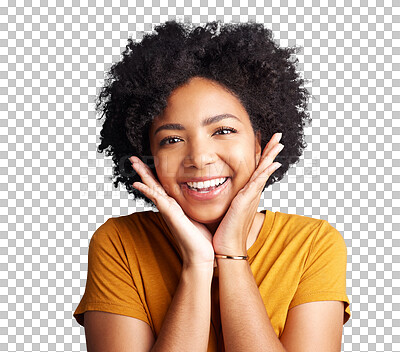 Buy stock photo Happy, smile and portrait of African woman with hands on isolated, png and transparent background. Natural beauty, cosmetics and face of female person with positive attitude, happiness and confident