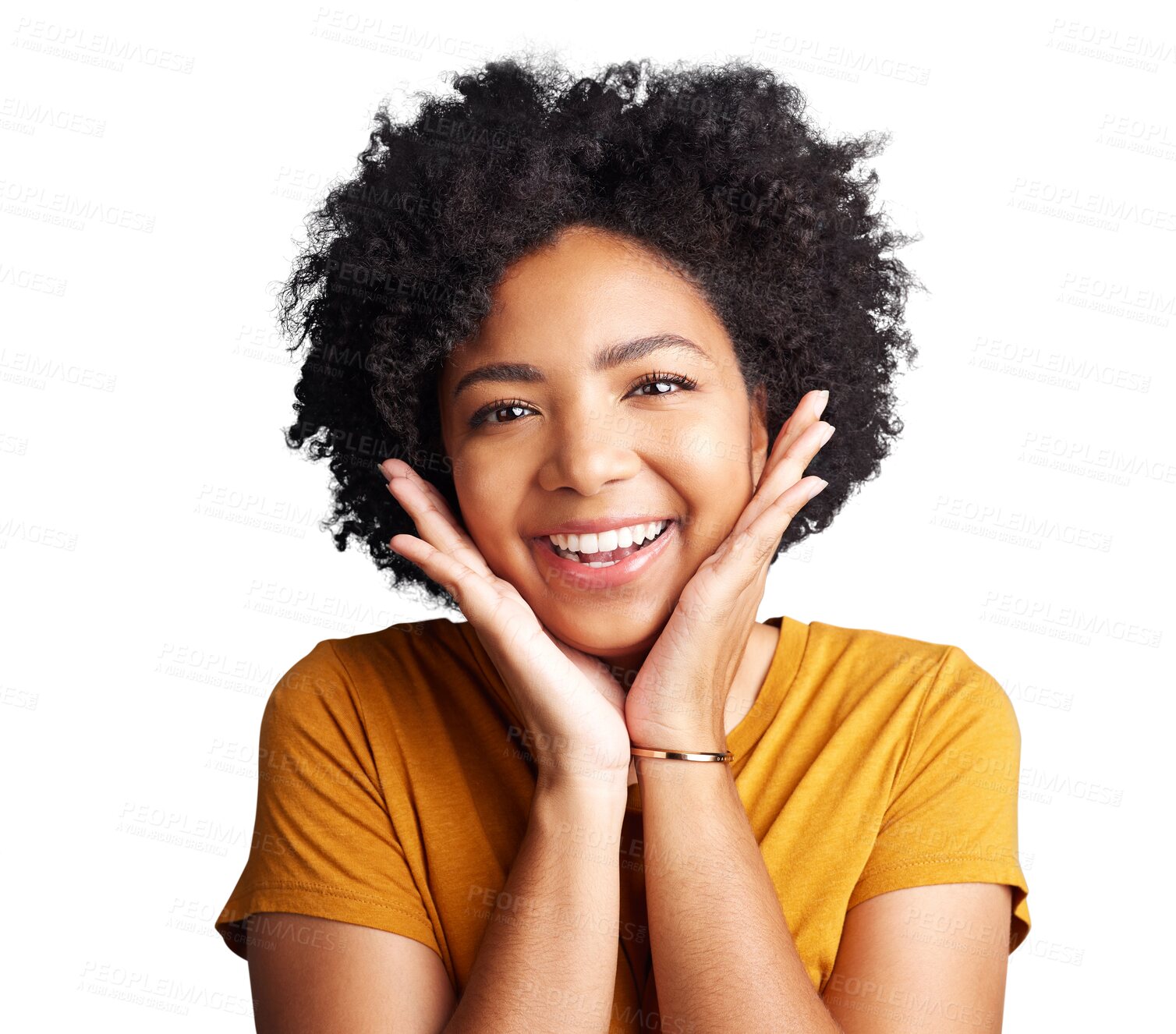 Buy stock photo Happy, smile and portrait of African woman with hands on isolated, png and transparent background. Natural beauty, cosmetics and face of female person with positive attitude, happiness and confident