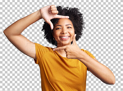 Buy stock photo Isolated woman, frame finger and portrait for smile, beauty and transparent png background. Girl, African model or happy university student with face, fashion and hand sign with photography icon