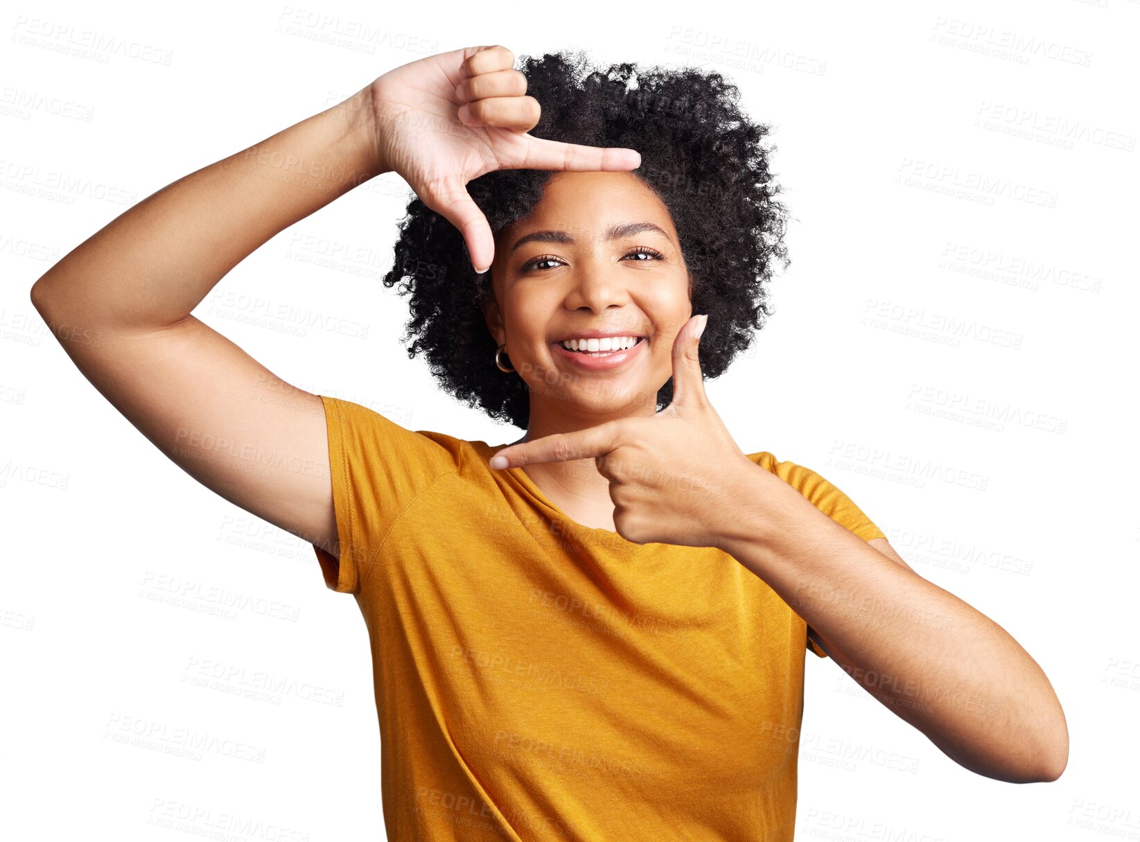 Buy stock photo Isolated woman, frame finger and portrait for smile, beauty and transparent png background. Girl, African model or happy university student with face, fashion and hand sign with photography icon