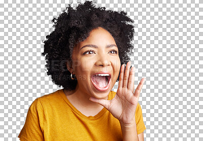 Buy stock photo Sale, shouting or woman screaming for deal announcement isolated on transparent png background. Loud, noise or face of girl yelling with open mouth for protest, promotion message or to voice opinion