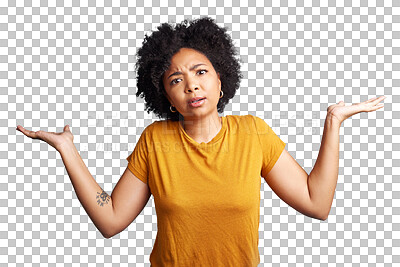 Buy stock photo Portrait, hands or woman confused by choice, confused or option isolated on transparent png background. Why question, frustrated or uncertain face of girl with doubt, decision confusion or dont know