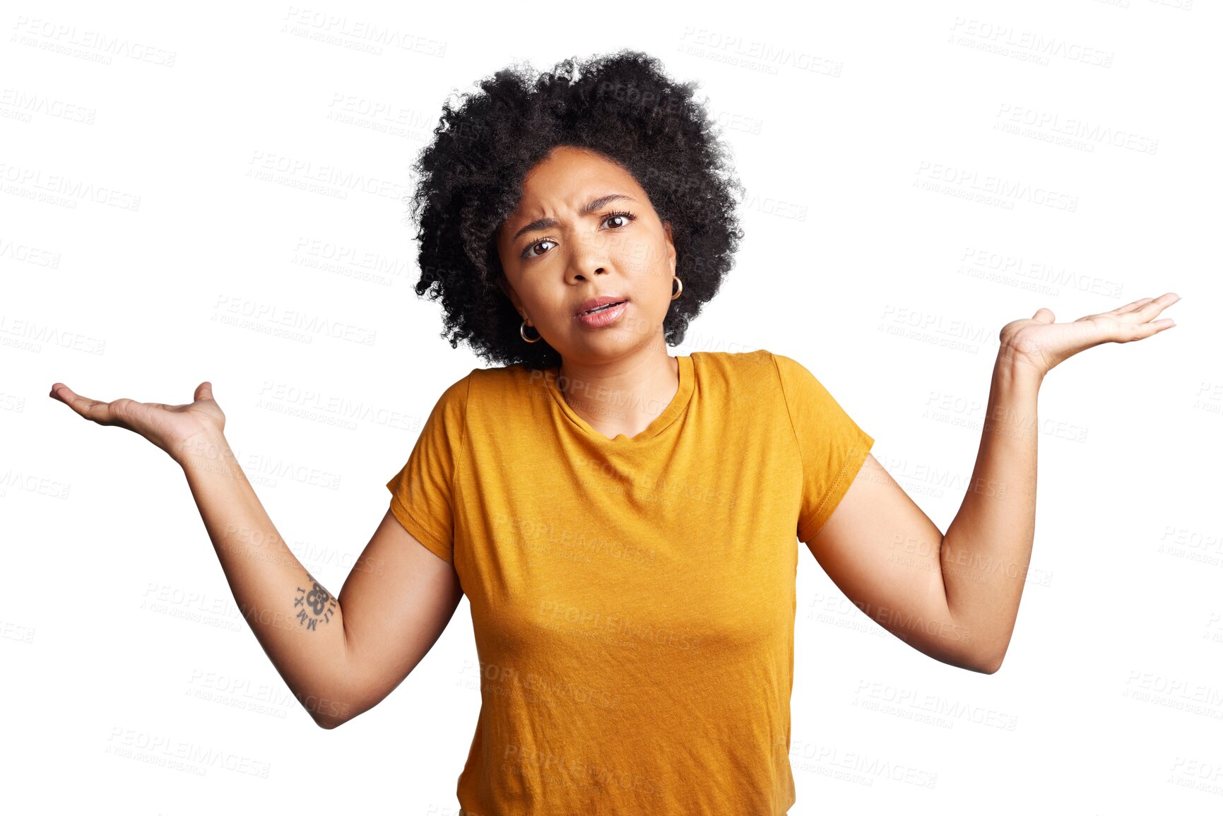 Buy stock photo Portrait, hands or woman confused by choice, confused or option isolated on transparent png background. Why question, frustrated or uncertain face of girl with doubt, decision confusion or dont know