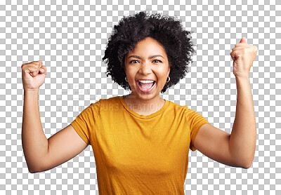 Buy stock photo Fist pump, excited winner or portrait of girl in celebration of deal isolated on transparent PNG background. Wow, face or happy woman winning in victory success, goal achievement or target reward