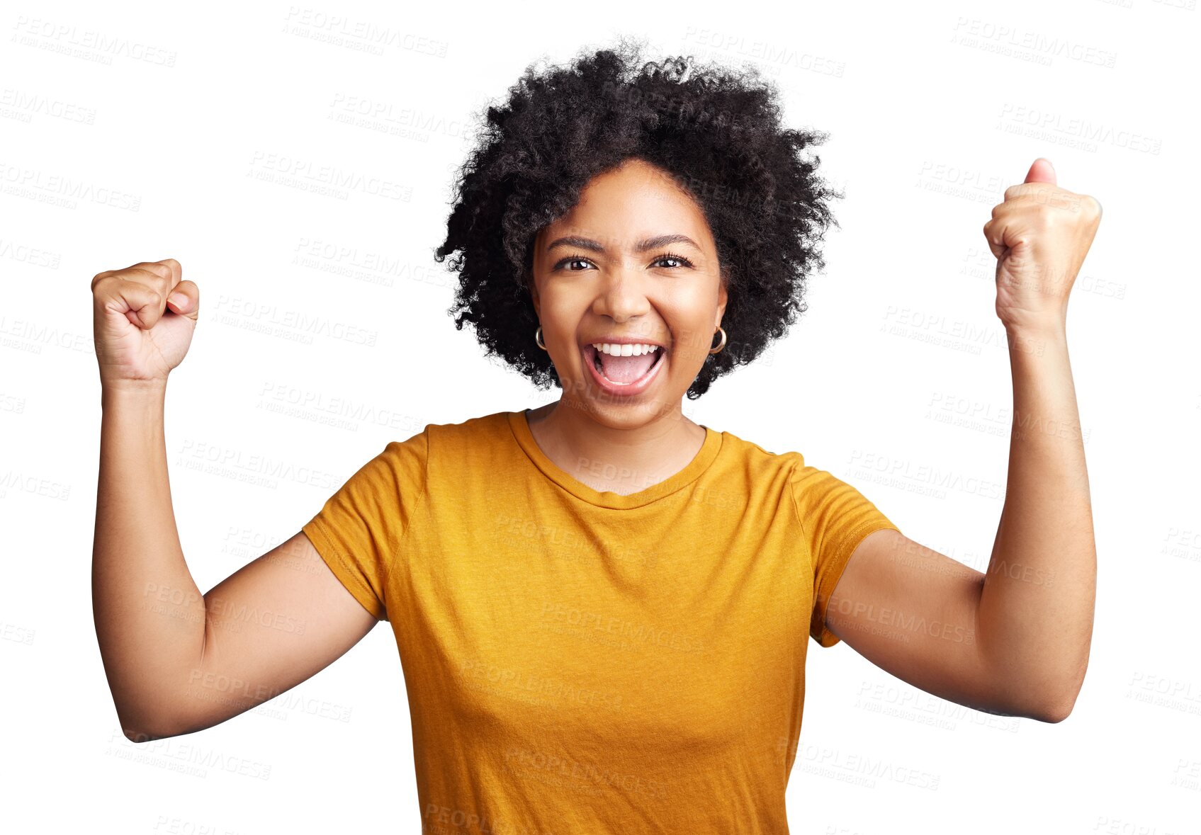 Buy stock photo Fist pump, excited winner or portrait of girl in celebration of deal isolated on transparent PNG background. Wow, face or happy woman winning in victory success, goal achievement or target reward