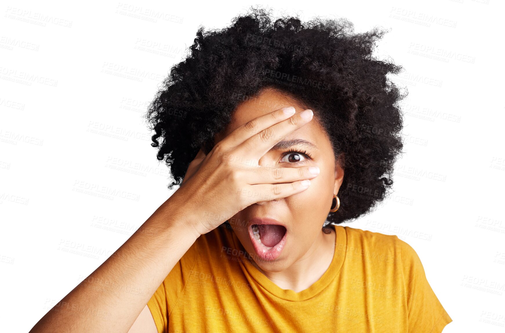 Buy stock photo Shock, surprise and woman peeking through her fingers with fear, anxious or scared face expression. Horror, portrait and young female model closing her eyes isolated by a transparent png background.