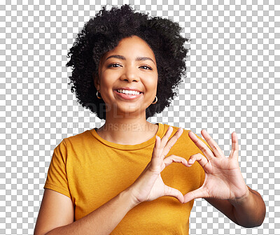 Buy stock photo Happy, heart shape and portrait of a woman with confidence, peace emoji and happiness. Excited, smile and African female model with a love hand gesture isolated by a transparent png background.