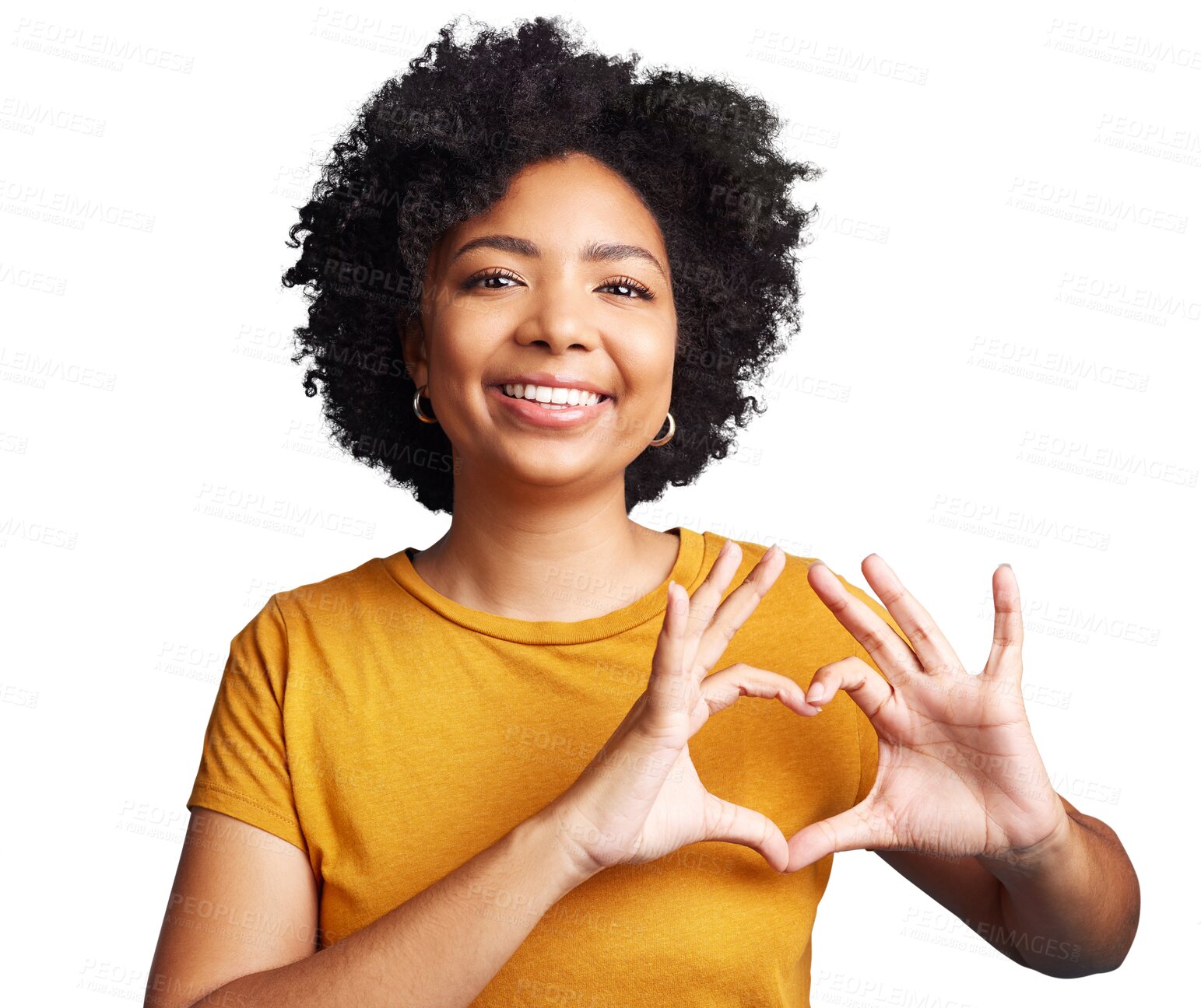 Buy stock photo Happy, heart shape and portrait of a woman with confidence, peace emoji and happiness. Excited, smile and African female model with a love hand gesture isolated by a transparent png background.