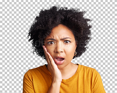 Buy stock photo Surprised woman, portrait and face with afro in shock standing isolated on a transparent PNG background. African female person with shocked, disturbed or surprise facial expression for bad news