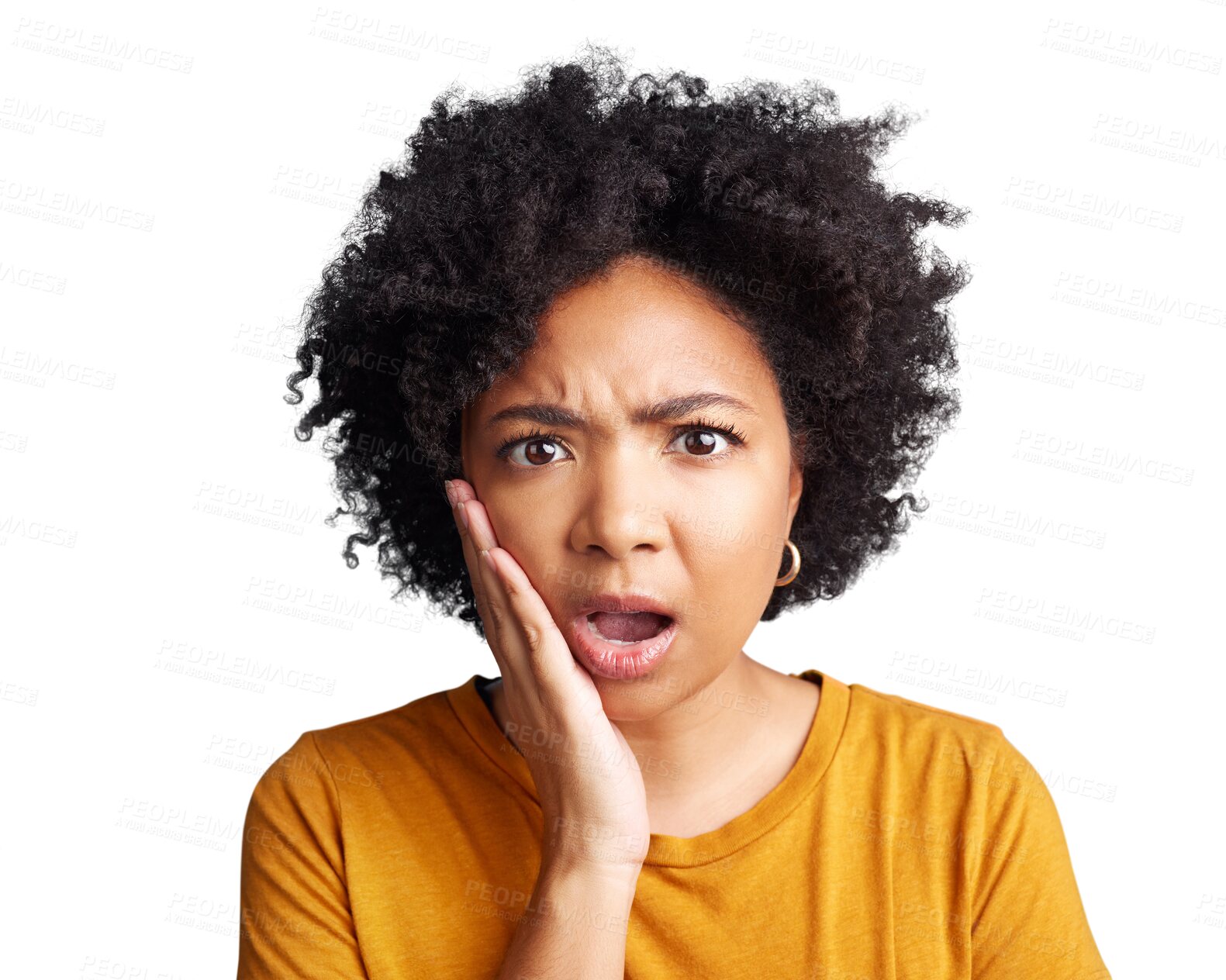 Buy stock photo Surprised woman, portrait and face with afro in shock standing isolated on a transparent PNG background. African female person with shocked, disturbed or surprise facial expression for bad news