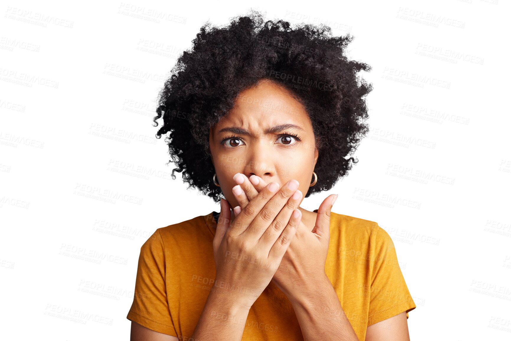 Buy stock photo Woman, portrait and hands on mouth in shock for news isolated on a transparent PNG background. Face of surprised or shocked African female person in omg, wtf or disbelief facial expression for gossip