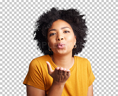 Buy stock photo Portrait, blowing kiss and woman isolated on a transparent png background. Face, air kissing and African female person with emoji for love, care and romance, flirty or hand gesture for valentines day