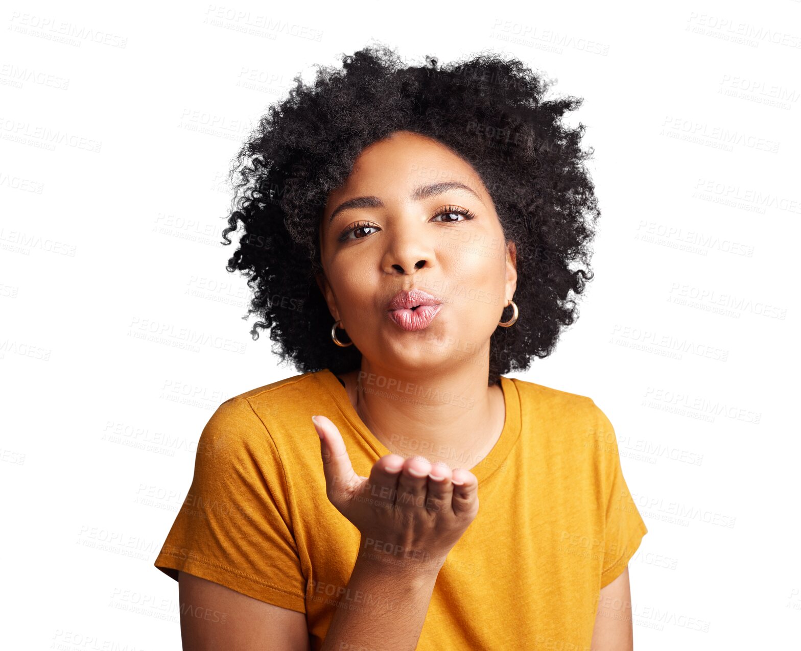 Buy stock photo Portrait, blowing kiss and woman isolated on a transparent png background. Face, air kissing and African female person with emoji for love, care and romance, flirty or hand gesture for valentines day