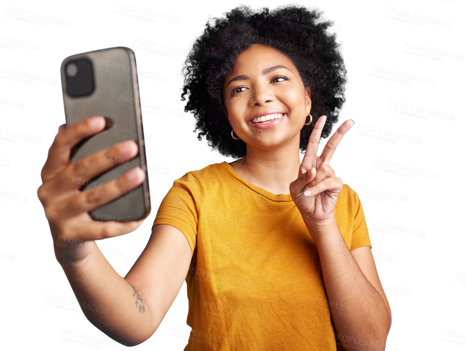 Buy stock photo Peace, woman take a selfie and smile isolated against a transparent png background. Happiness, freedom or cheerful and young female person pose for connection with hand emoji gesture smiling