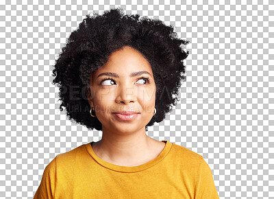 Buy stock photo Idea, thinking and portrait of African woman with smile, happy memory or mindset on transparent, isolated or png background. Planning, dream or positive solution to question, project or thought