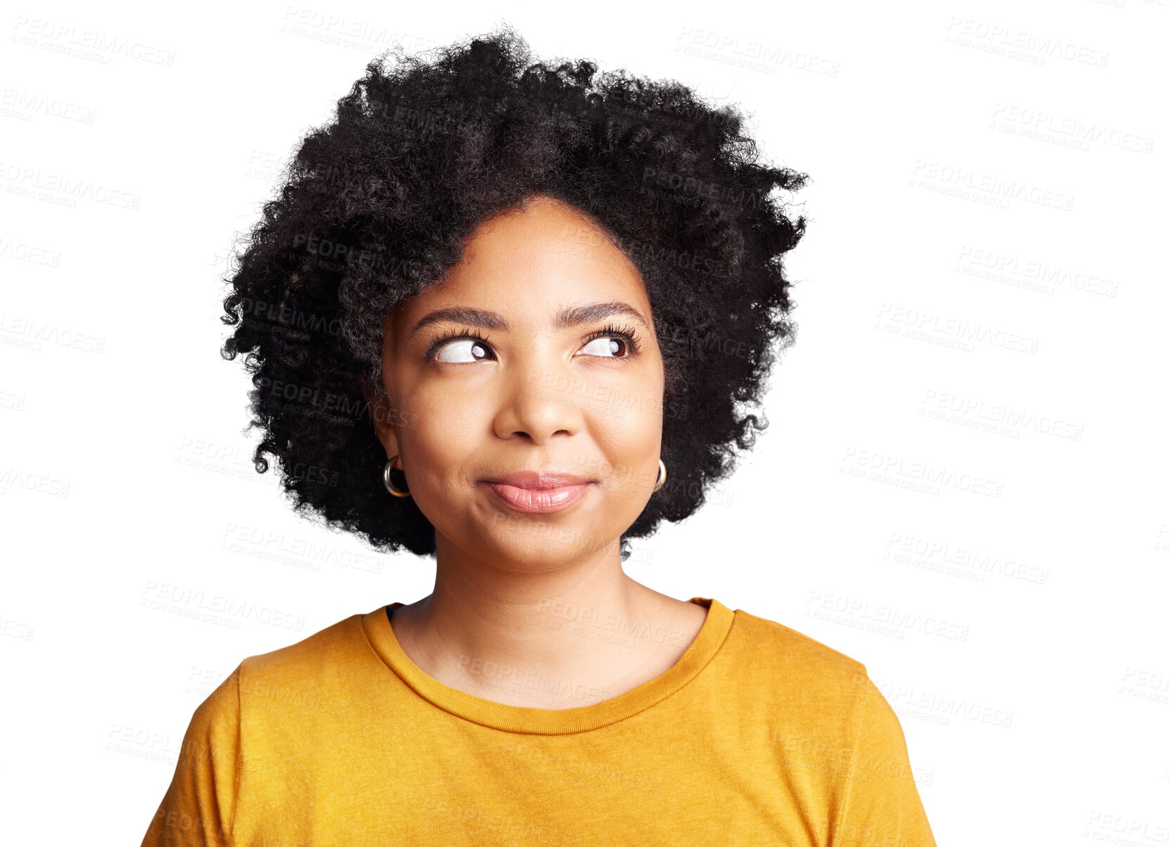 Buy stock photo Idea, thinking and portrait of African woman with smile, happy memory or mindset on transparent, isolated or png background. Planning, dream or positive solution to question, project or thought