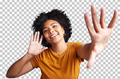 Buy stock photo Happy woman, portrait smile and posing in announcement isolated on a transparent PNG background. African female person or young model smiling with afro and hands reaching or stretching in happiness