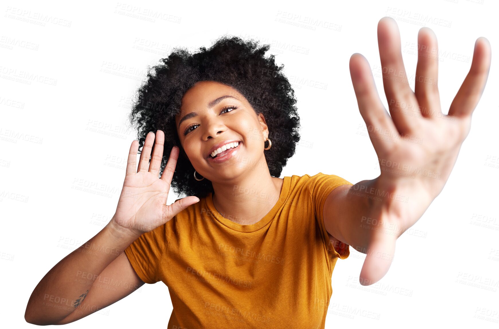 Buy stock photo Happy woman, portrait smile and posing in announcement isolated on a transparent PNG background. African female person or young model smiling with afro and hands reaching or stretching in happiness