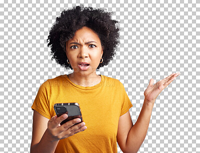 Buy stock photo Woman, angry question and phone in portrait with scam, spam or frustrated by transparent png background. Girl, student or model with confused face, texting or chat on social media app with smartphone