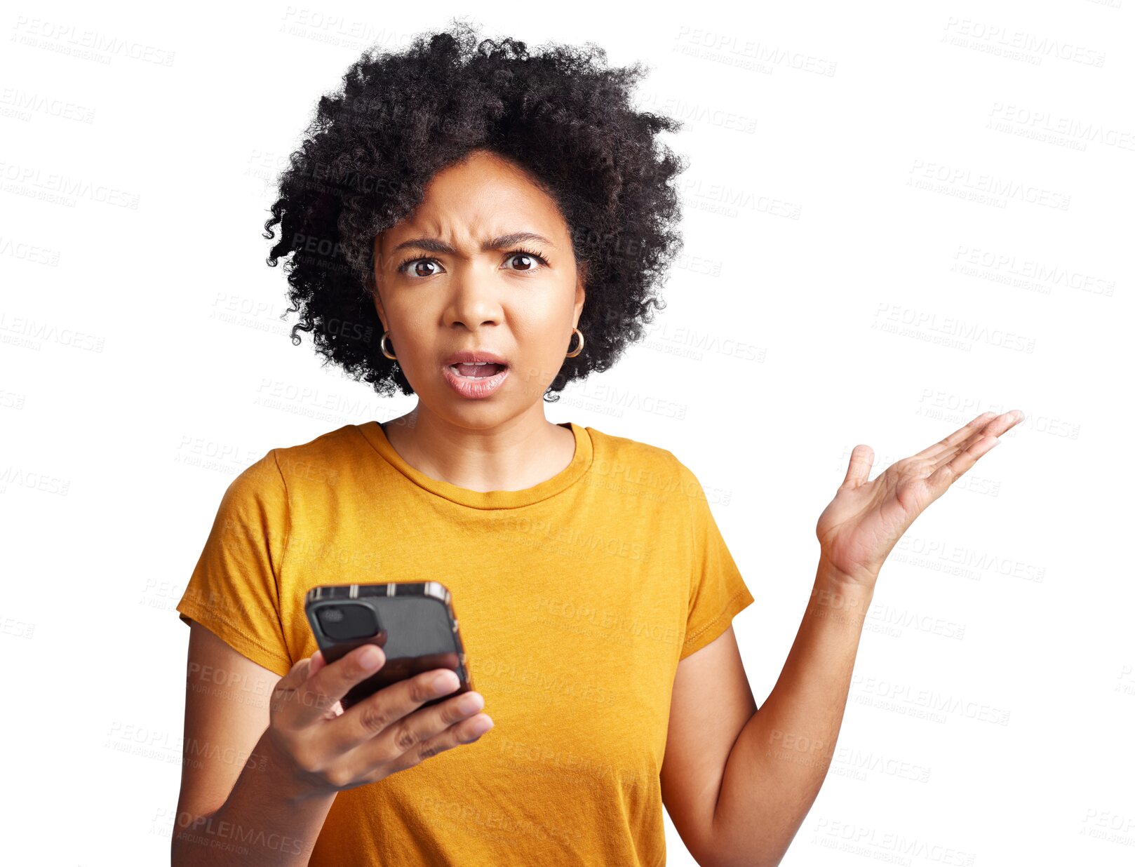 Buy stock photo Woman, angry question and phone in portrait with scam, spam or frustrated by transparent png background. Girl, student or model with confused face, texting or chat on social media app with smartphone