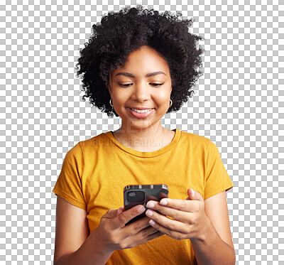 Buy stock photo Woman, smartphone and check social media with communication isolated on transparent png background. Young female person using phone, technology and chat on mobile app, internet network and contact