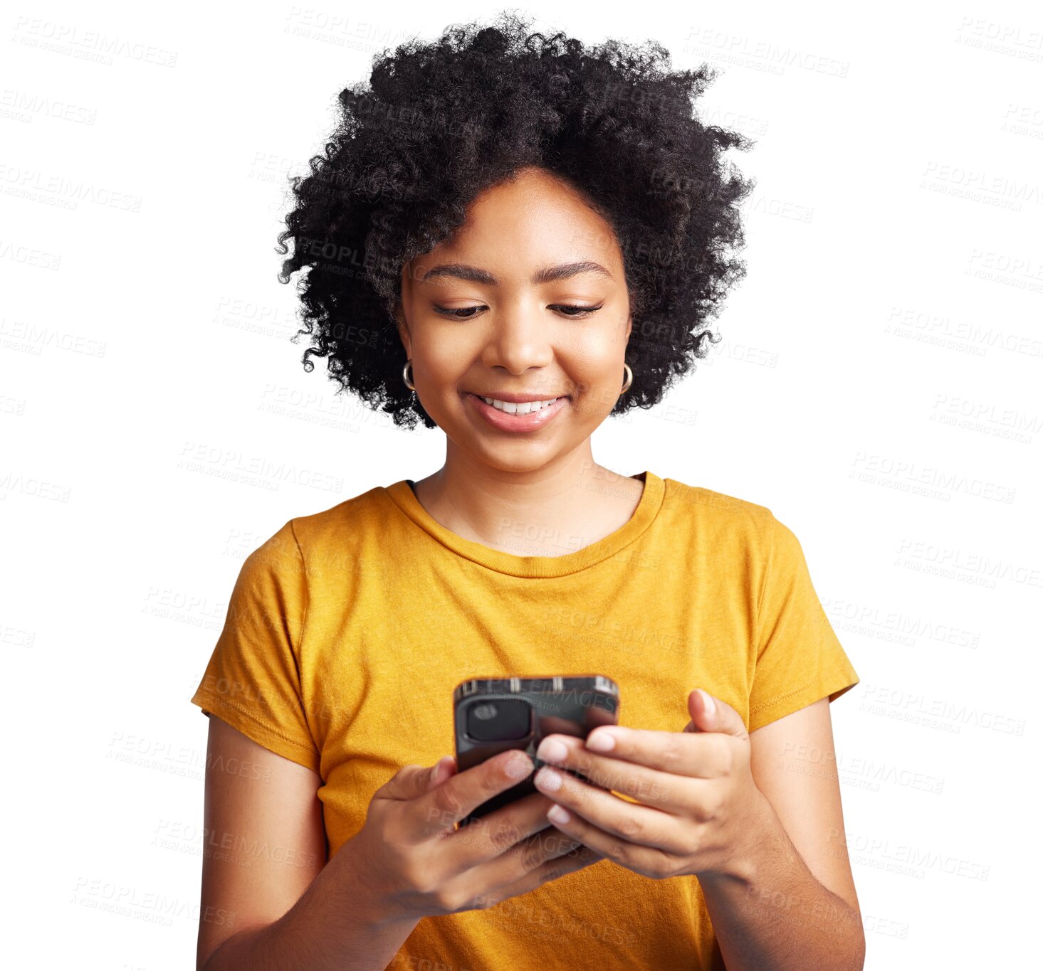 Buy stock photo Woman, smartphone and check social media with communication isolated on transparent png background. Young female person using phone, technology and chat on mobile app, internet network and contact