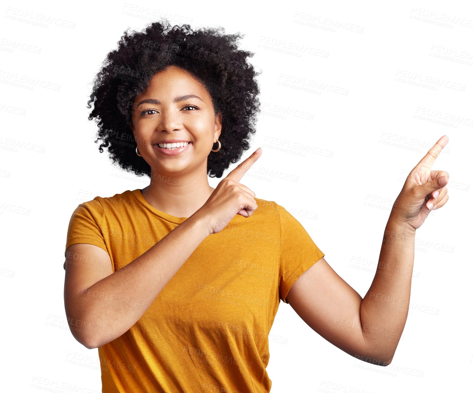 Buy stock photo Happy woman, portrait and pointing with afro for advertising isolated on a transparent PNG background. African female person with smile and finger point for advertisement, marketing or presentation