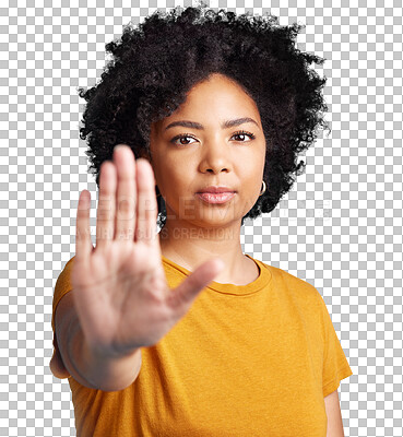 Buy stock photo Woman, portrait and hand in protest for stop or halt isolated on a transparent PNG background. Serious female person with afro and hands in wait, sign or decline in protection, defense or prohibition