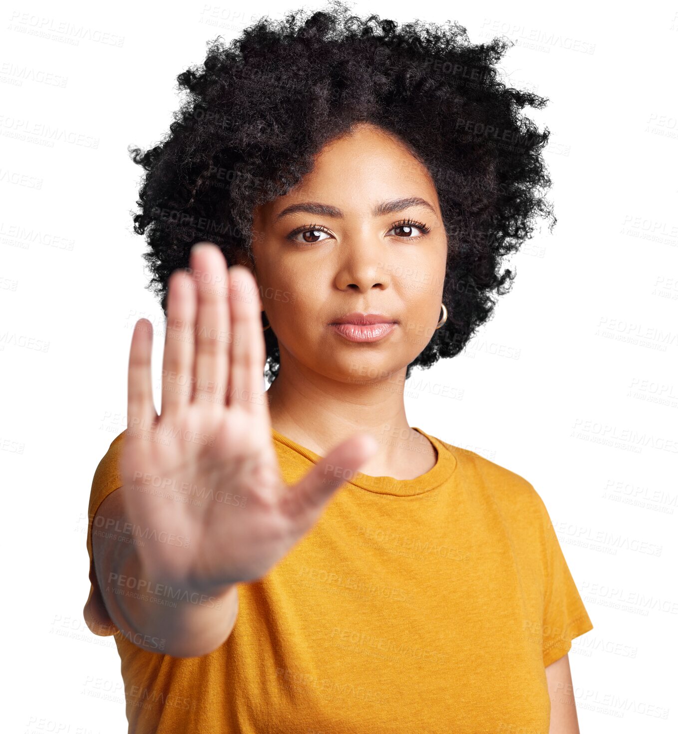 Buy stock photo Woman, portrait and hand in protest for stop or halt isolated on a transparent PNG background. Serious female person with afro and hands in wait, sign or decline in protection, defense or prohibition