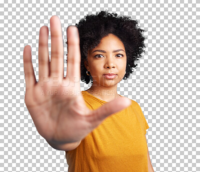 Buy stock photo Woman, portrait and afro with hand in stop, protest or halt isolated on a transparent PNG background. African female person with hands in wait, sign or decline in protection, defense or prohibition