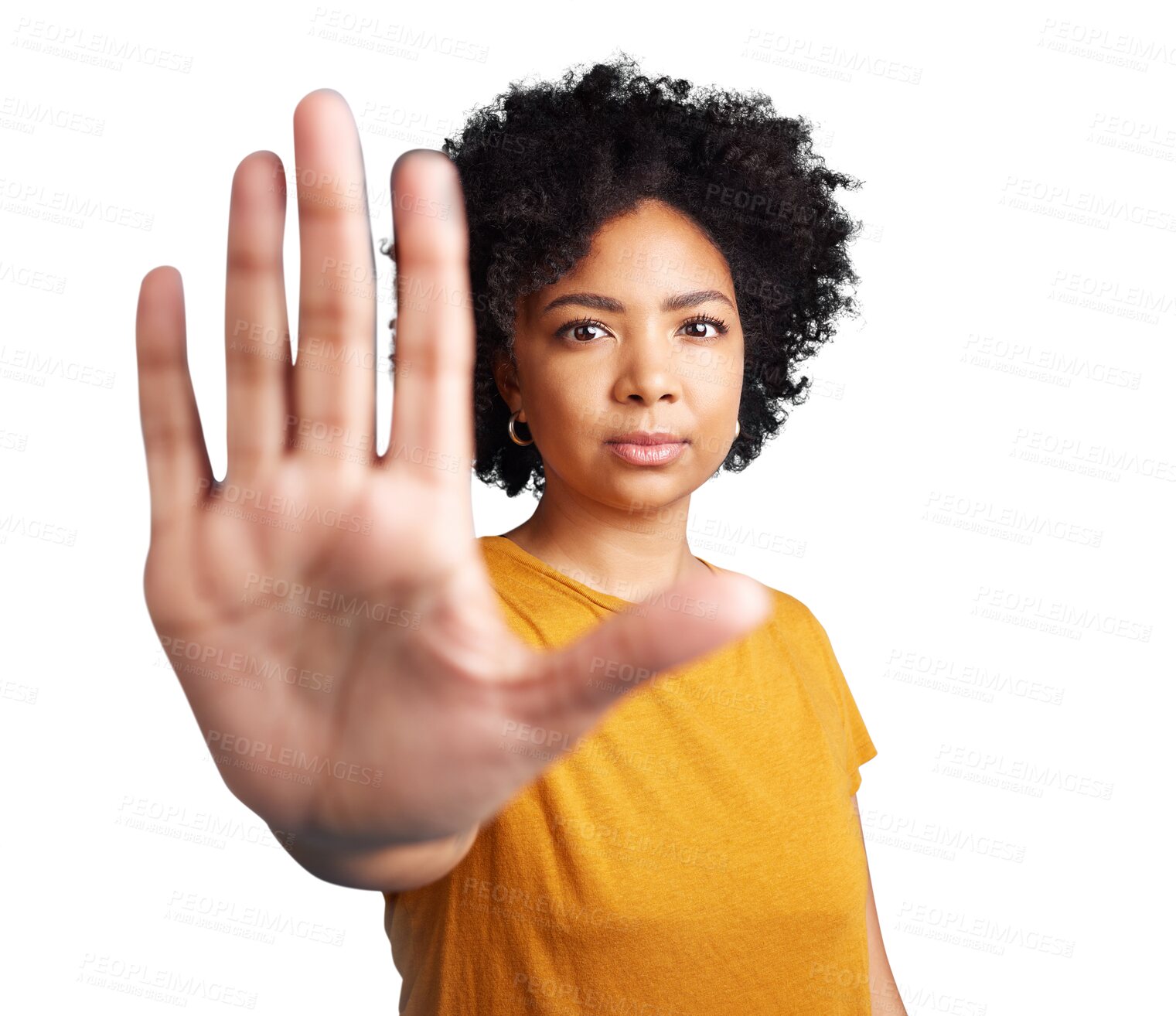 Buy stock photo Woman, portrait and afro with hand in stop, protest or halt isolated on a transparent PNG background. African female person with hands in wait, sign or decline in protection, defense or prohibition