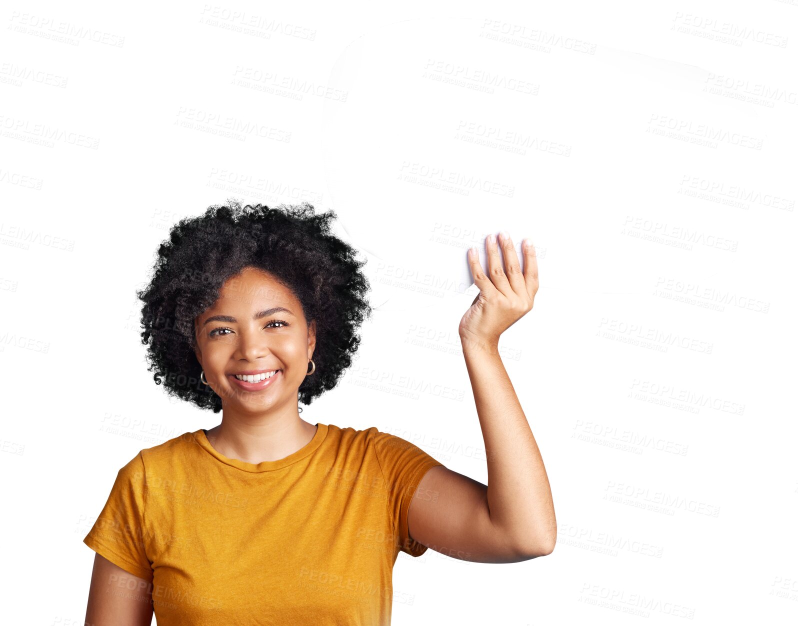 Buy stock photo Isolated woman, speech bubble and smile in portrait with voice, vote and transparent png background. Happy girl, model or student with chat mockup, blank space and opinion with promotion feedback