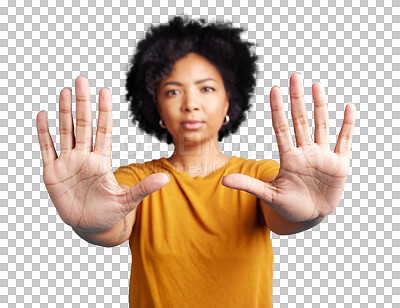 Buy stock photo Stop, hands and woman with no sign, gesture or warning symbol isolated in a transparent or png background. Palm, problem and portrait of young female person refuse, reject and defense or protection