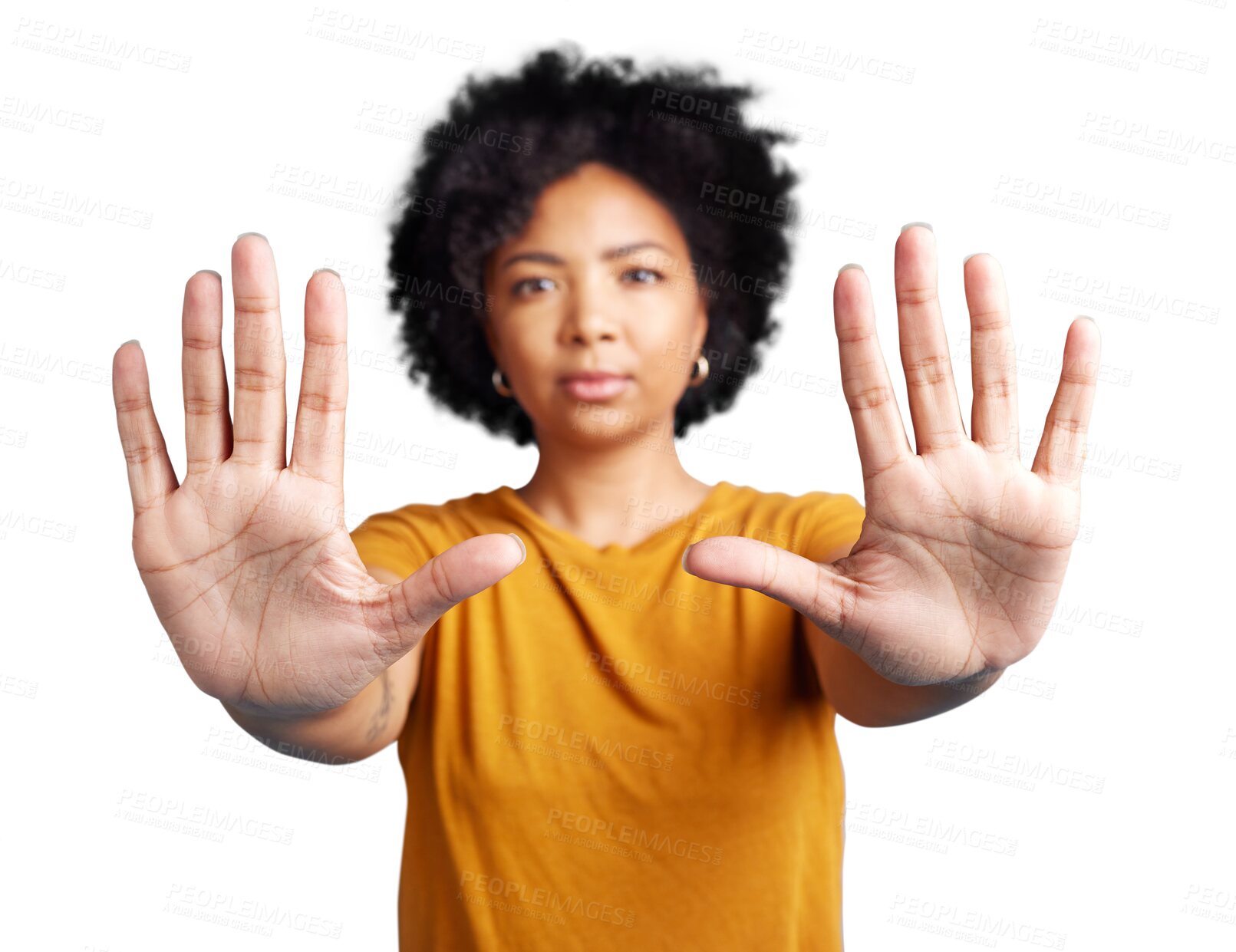 Buy stock photo Stop, hands and woman with no sign, gesture or warning symbol isolated in a transparent or png background. Palm, problem and portrait of young female person refuse, reject and defense or protection