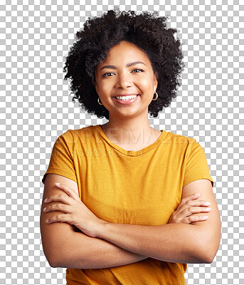 Buy stock photo Happy woman, portrait smile and afro with arms crossed isolated on a transparent PNG background. Confident African female person smiling and standing in confidence, proud or pride for ambition