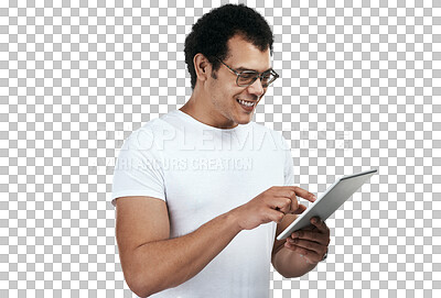 Buy stock photo Tablet, smile and man scroll on internet isolated on a transparent png background. Technology, happy and person  online browsing on website, email or app for communication, social media and network. 