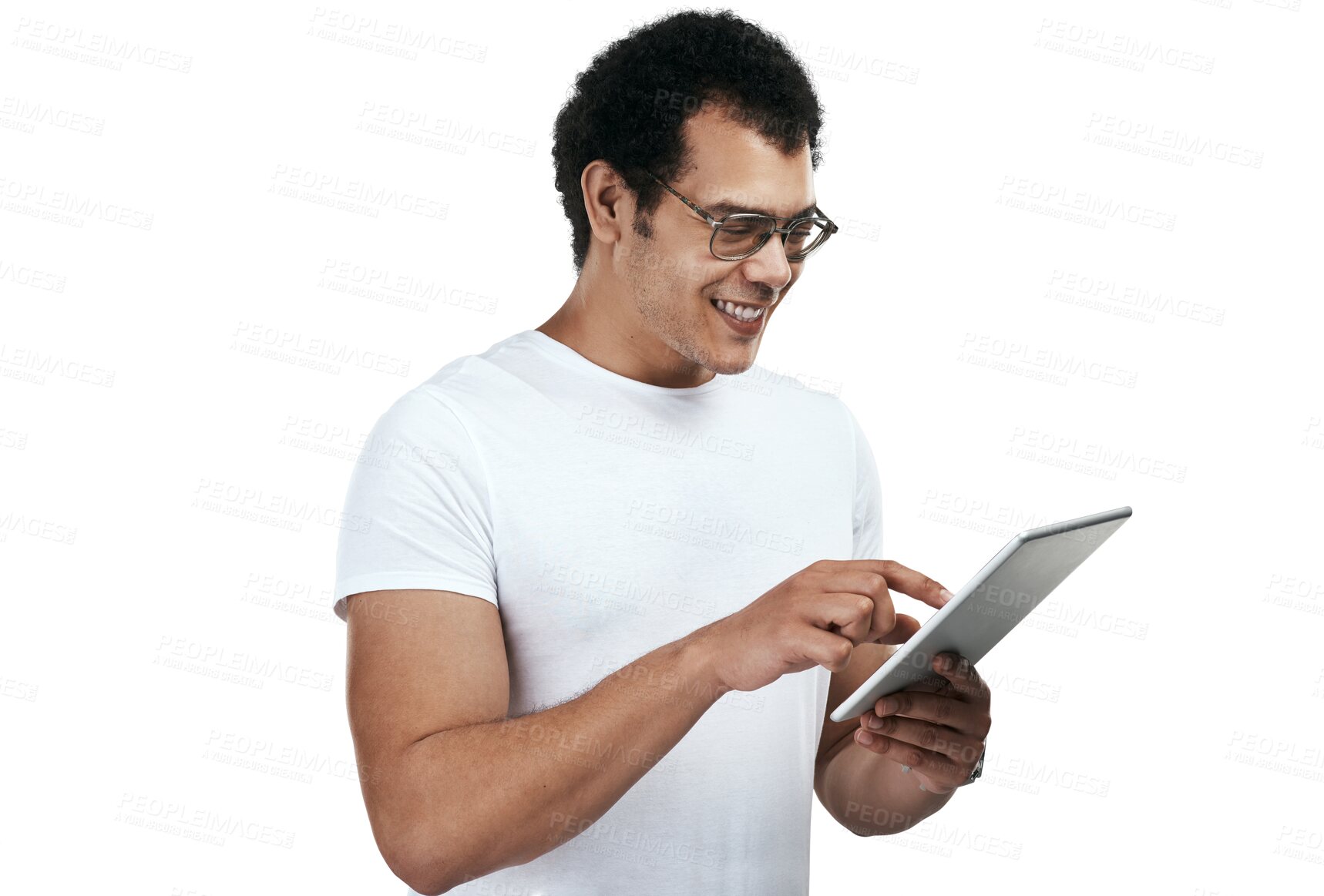 Buy stock photo Tablet, smile and man scroll on internet isolated on a transparent png background. Technology, happy and person  online browsing on website, email or app for communication, social media and network. 