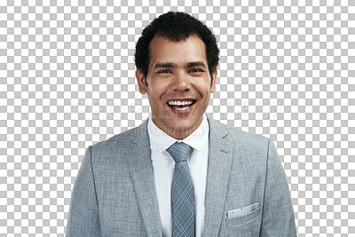 Buy stock photo Portrait, funny and business man laughing isolated on a transparent png background. Face, professional entrepreneur and excited male person from Brazil laugh at comedy, joke or corporate humor.