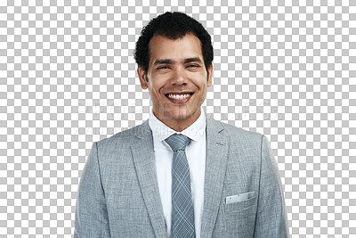 Buy stock photo Face, lawyer and smile of business man isolated on a transparent png background. Portrait, professional attorney and happy male person from Brazil with suit, pride for career and corporate job.