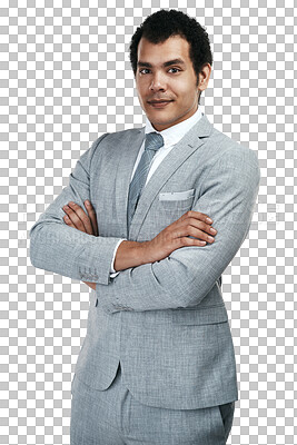 Buy stock photo Attorney, portrait and business man with arms crossed isolated on a transparent png background. Face, professional lawyer and confident male person from Brazil with pride for career, job or success