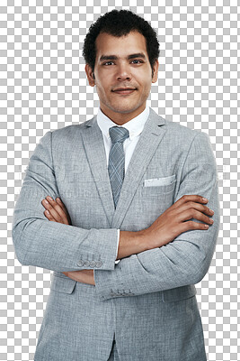 Buy stock photo Portrait, lawyer and business man with arms crossed isolated on a transparent png background. Serious face, professional attorney or confident person from Brazil with pride for career, job or success