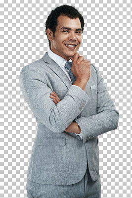 Buy stock photo Businessman, portrait and happy entrepreneur with success, motivation and smile on transparent, isolated or png background. Business, man and in professional suit for corporate career and work