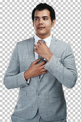 Buy stock photo Professional male, style and boss with tie for career in png or isolated or transparent background with manager. Leader, formal clothing and businessman with suit or confidence and focus for success.