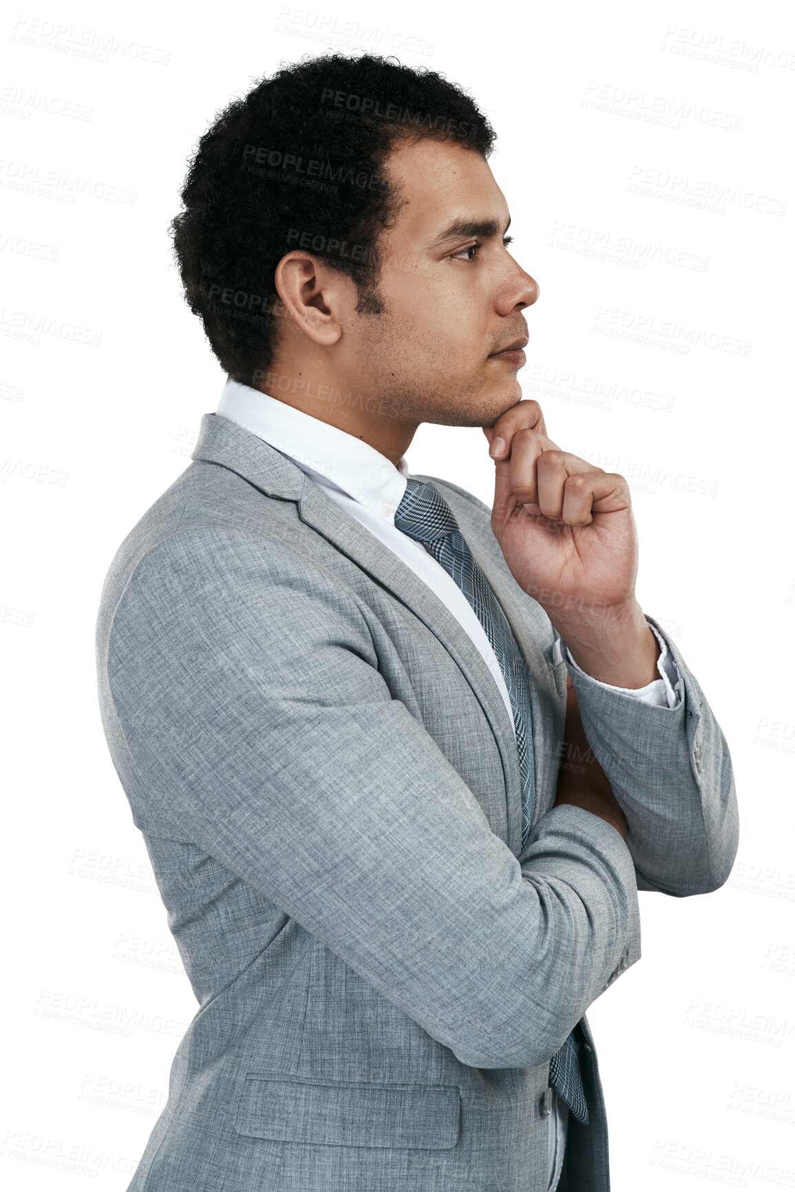 Buy stock photo Businessman profile, thinking and planning idea for problem solving, strategy or brainstorming on transparent, isolated or png background. Man with memory, decision or plan a solution for business